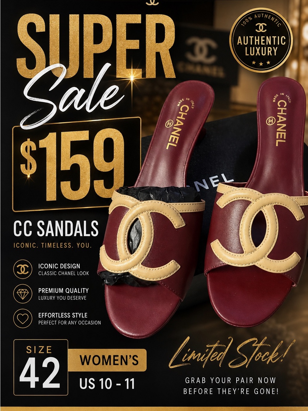 Chanel Women’s Burgundy and Beige CC Slide Sandals